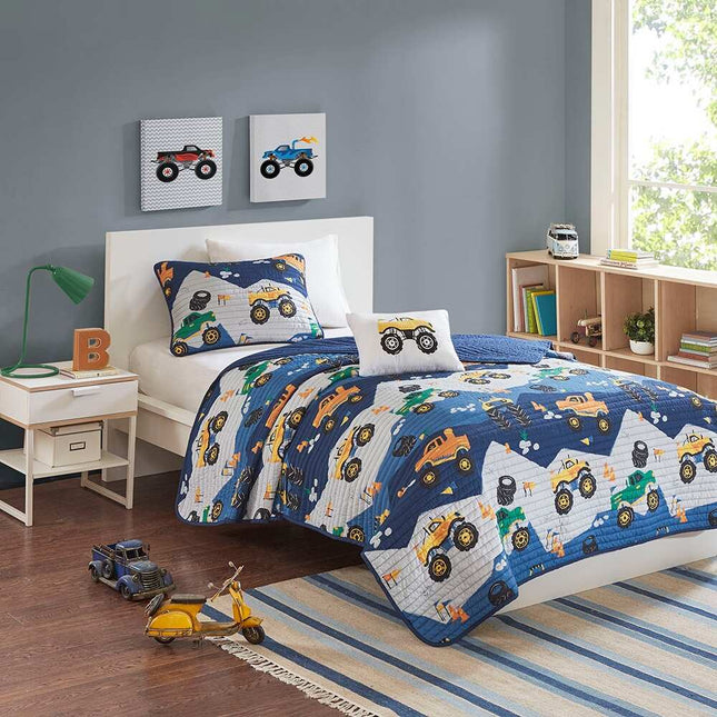 Nash Monster Truck Reversible Quilt Set with Throw Pillow, Twin Size Bedding