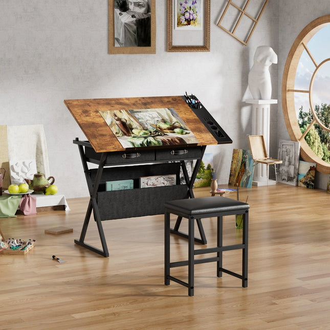 Drafting & Drawing Table with Storage Drawers and Stool for Artists