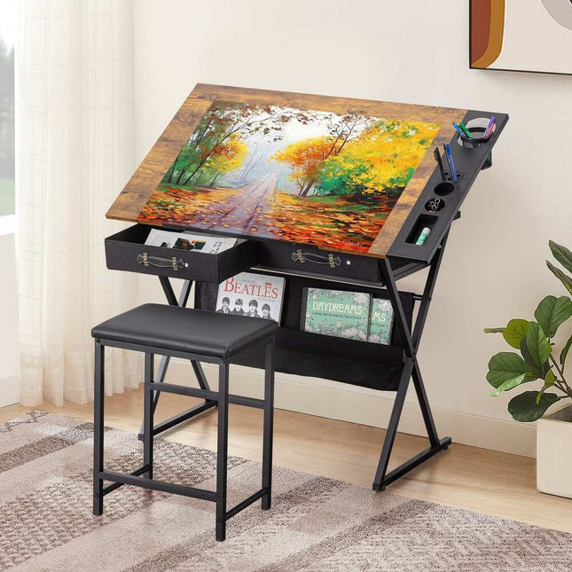 Drafting & Drawing Table with Storage Drawers and Stool for Artists
