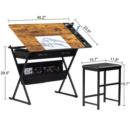 Drafting & Drawing Table with Storage Drawers and Stool for Artists
