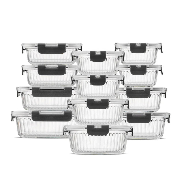 24-Piece Glass Food Storage Containers with Lids – Black, Multi-Size