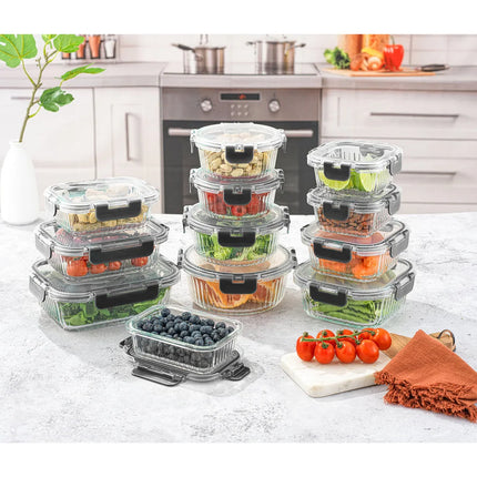 24-Piece Glass Food Storage Containers with Lids – Black, Multi-Size