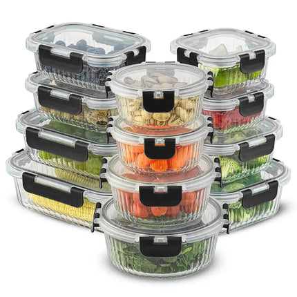 24-Piece Glass Food Storage Containers with Lids – Black, Multi-Size
