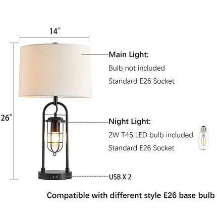 Farmhouse Table Lamp 26 Inch USB Charging Ports with Night Light Home Decor