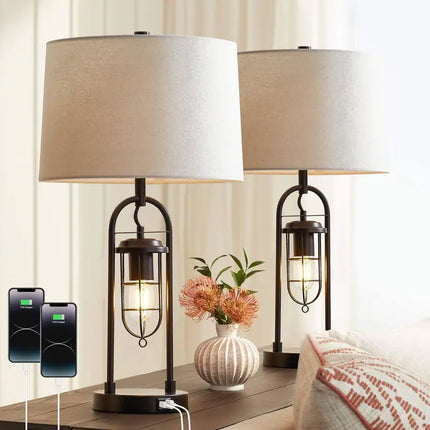 Farmhouse Table Lamp 26 Inch USB Charging Ports with Night Light Home Decor