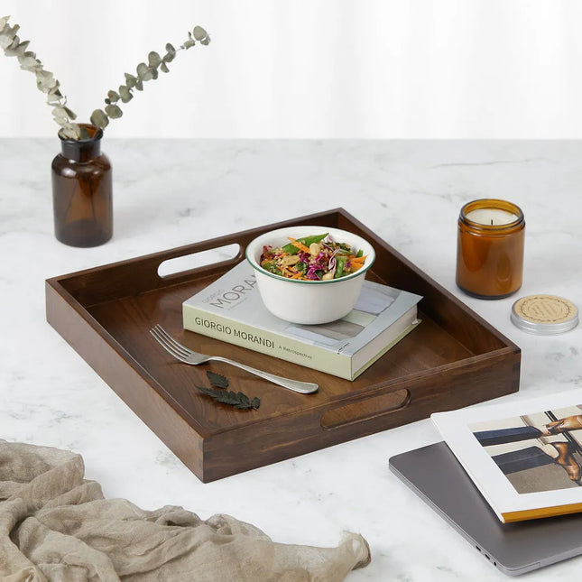 Square Black Walnut Wood Serving Tray – Ottoman Tray with Handles