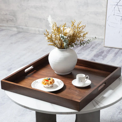 Square Black Walnut Wood Serving Tray – Ottoman Tray with Handles