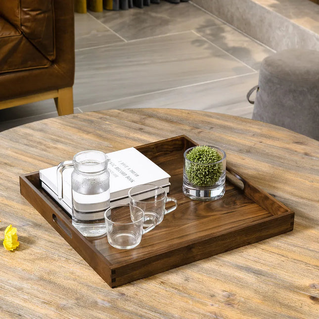 Square Black Walnut Wood Serving Tray – Ottoman Tray with Handles
