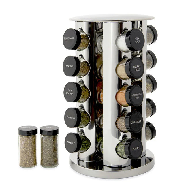 20 Jar Spice Rack Revolving Carousel Organizer with Jars Kitchen Storage