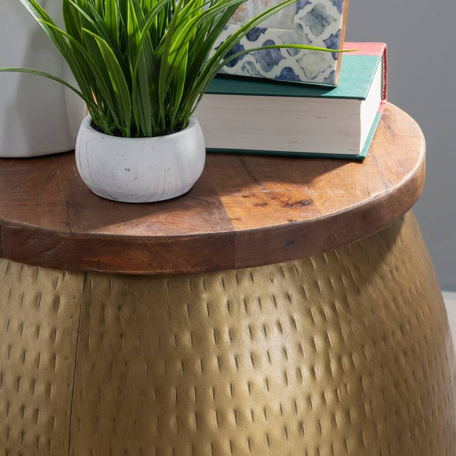 Luxury Gold Side Table with Drum Design and Functional Storage Space