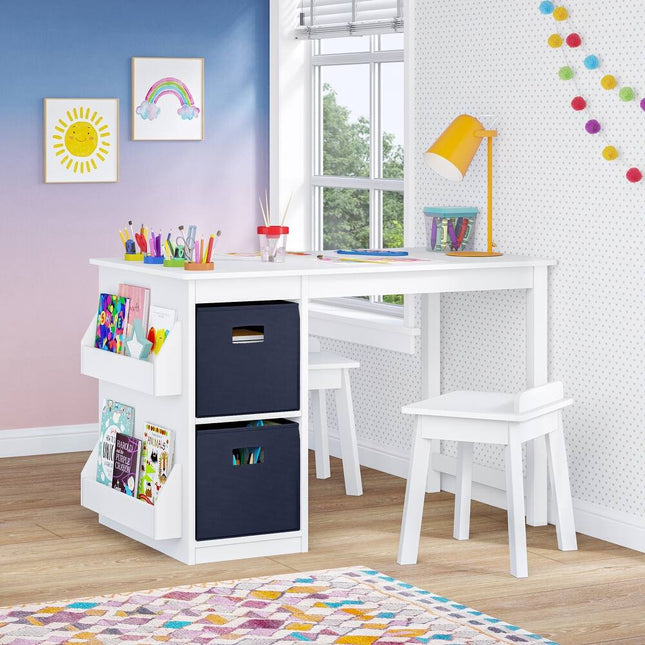 Kids Playroom Art Activity Table White with 2 Cubbies and 2 Bookracks Storage