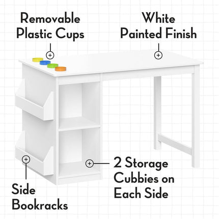 Kids Playroom Art Activity Table White with 2 Cubbies and 2 Bookracks Storage