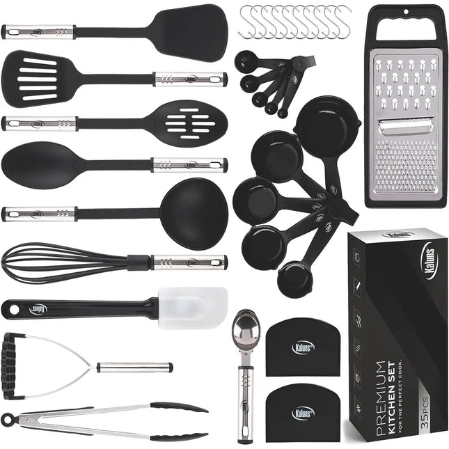 Black Kitchen Utensil Set – Nylon and Stainless Steel Cooking Utensils