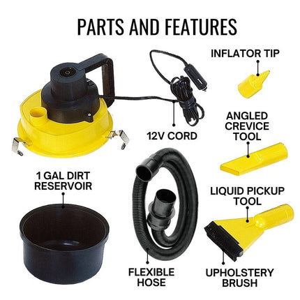 12V Canister Vacuum Wet Dry Cleaner with Inflator and 4 Nozzle Set
