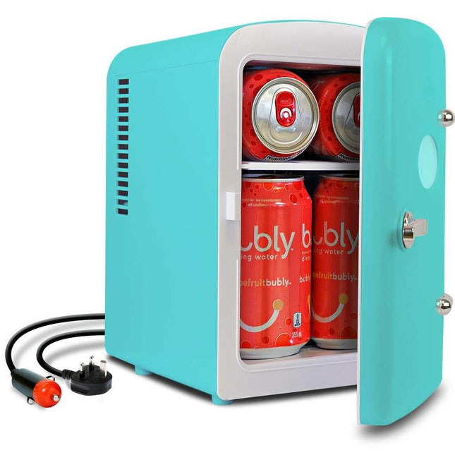 Aqua 4L Retro Mini Fridge, Portable 6-Can Cooler with 12V & 110V Power