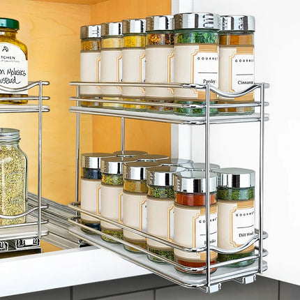 2 Tier Cabinet Spice Rack Pull Out Organizer Chrome 4.25 Inch Storage Unit