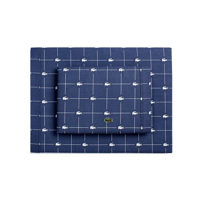 Slice Geometric Percale Cotton Sheet Set Twin XL Vintage Indigo 4-Piece Printed Bedding