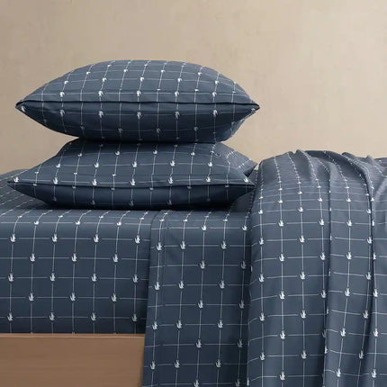 Slice Geometric Percale Cotton Sheet Set Twin XL Vintage Indigo 4-Piece Printed Bedding