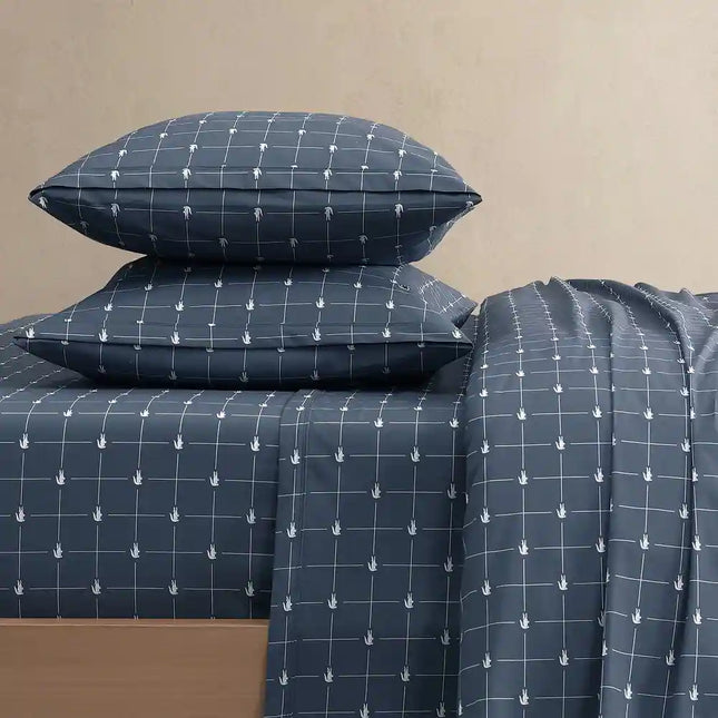 Slice Geometric Percale Cotton Sheet Set Twin XL Vintage Indigo 4-Piece Printed Bedding