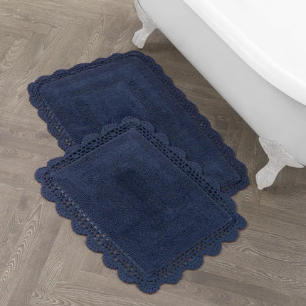 Indigo Reversible Cotton Crochet Bath Rug Set 2 Piece Soft Textured Bathroom Mats