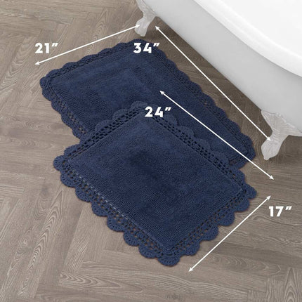 Indigo Reversible Cotton Crochet Bath Rug Set 2 Piece Soft Textured Bathroom Mats