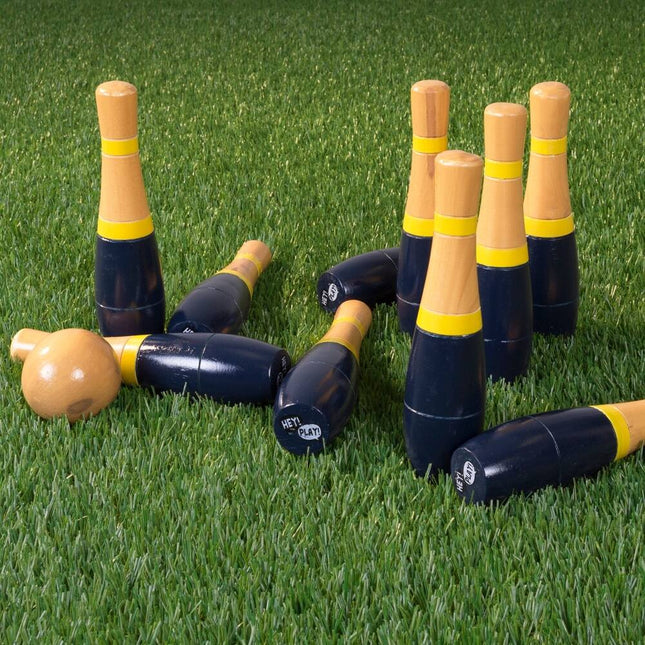 Wooden Lawn Bowling Game – 8" Gray and Red, Family Outdoor Fun