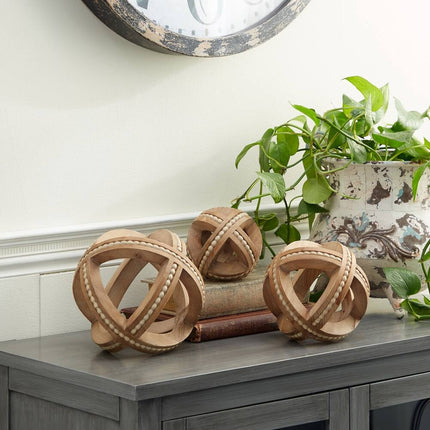 Light Brown Wood Sculptures – Handmade Beaded Geometric Decor, Set of 3
