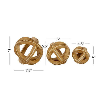Light Brown Wood Sculptures – Handmade Beaded Geometric Decor, Set of 3