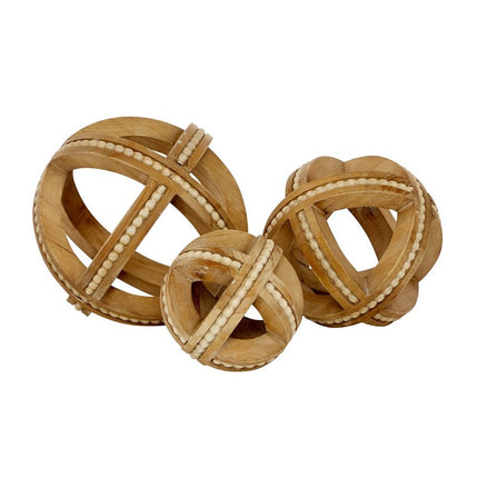 Light Brown Wood Sculptures – Handmade Beaded Geometric Decor, Set of 3