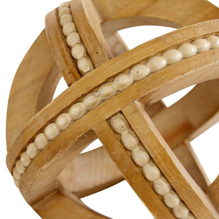 Light Brown Wood Sculptures – Handmade Beaded Geometric Decor, Set of 3