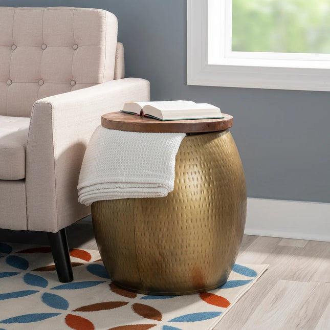 Luxury Gold Side Table with Drum Design and Functional Storage Space
