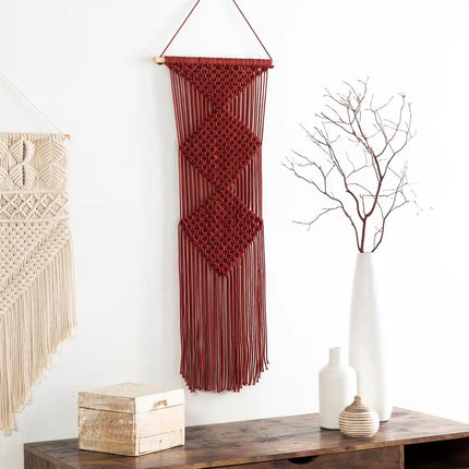 Linsey Burgundy Diamond Macrame Wall Hanging – Boho Decor 40”H x 14”W