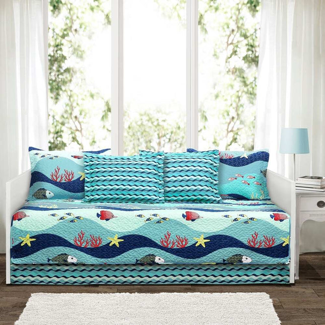 Lush Decor Sealife 6 Piece Blue Daybed Cover Set Coastal Ocean Inspired Bedding