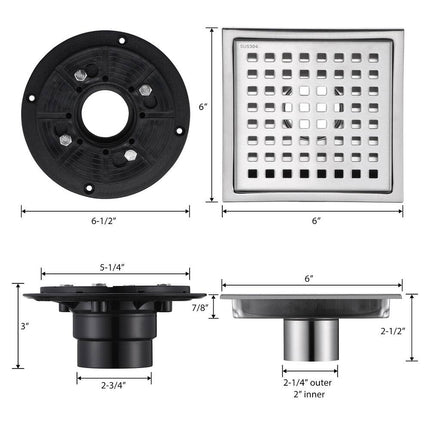 FD01 6x6 Stainless Steel Square Shower Floor Drain Bathroom Waste Grate