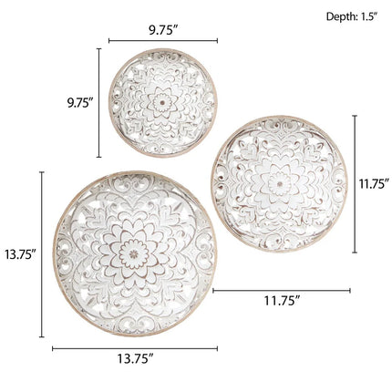 3-Piece Carved Wood Wall Decor Set White Floral Medallion Trio Design