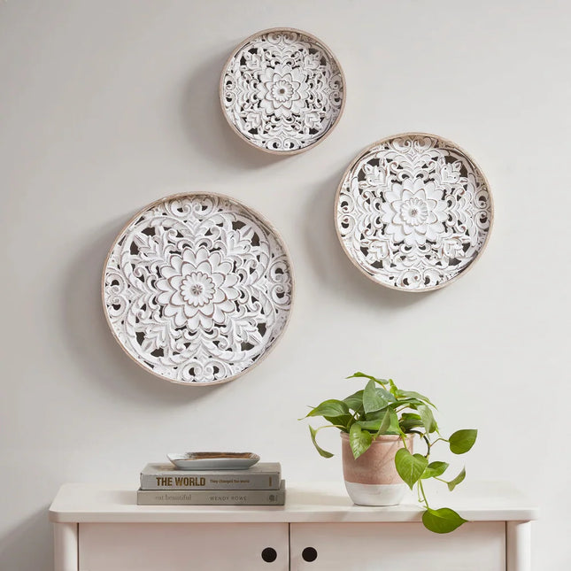 3-Piece Carved Wood Wall Decor Set White Floral Medallion Trio Design