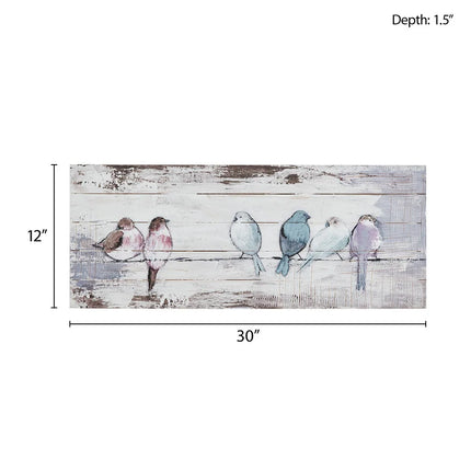 Perched Birds Hand-Painted Wood Panel Wall Decor – White & Grey