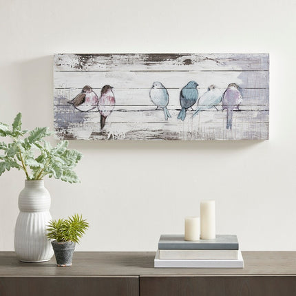 Perched Birds Hand-Painted Wood Panel Wall Decor – White & Grey