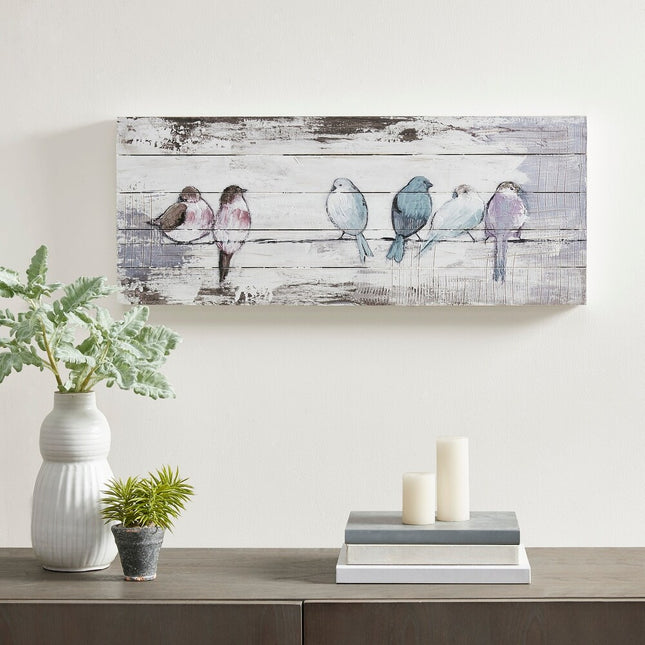 Perched Birds Hand-Painted Wood Panel Wall Decor – White & Grey