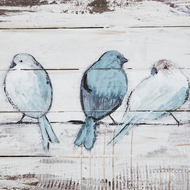 Perched Birds Hand-Painted Wood Panel Wall Decor – White & Grey
