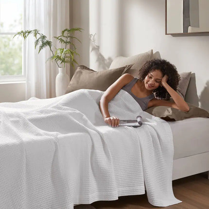 Waffle Weave 100% Cotton Lightweight Breathable Blanket Twin Size White