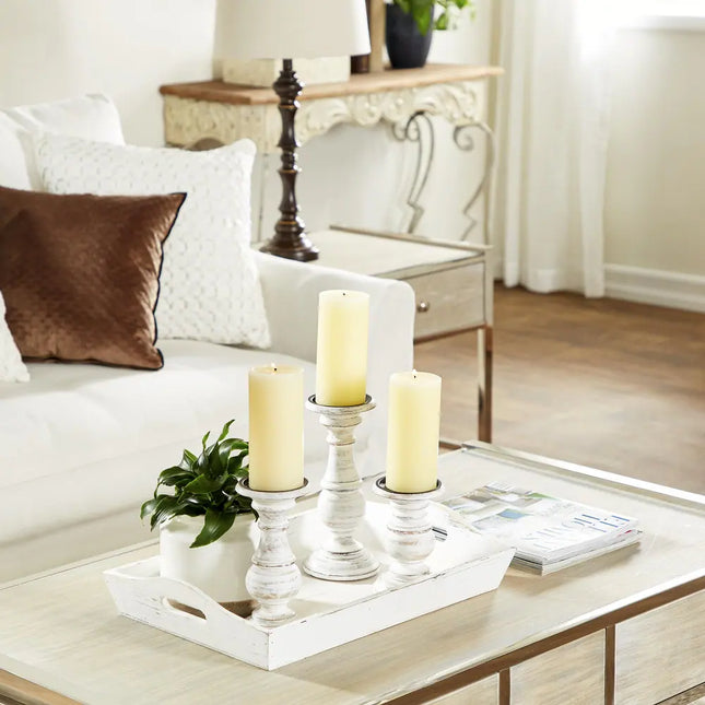 Mango Wood Turned Style Pillar Candle Holder Set of 3 – Elegant Home Decor