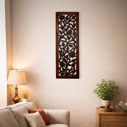 Hand Crafted Mango Wood Wall Panel with Leaves and Scroll Work Brown