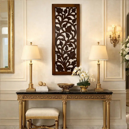 Hand Crafted Mango Wood Wall Panel with Leaves and Scroll Work Brown