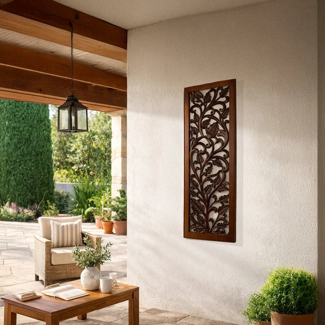 Hand Crafted Mango Wood Wall Panel with Leaves and Scroll Work Brown