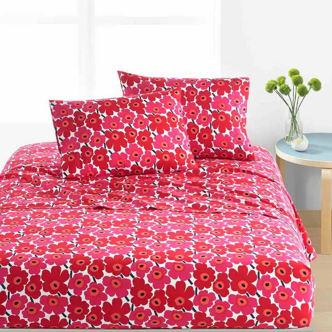 Unikko Deep Red Cotton Percale Bed Sheet Set Full Size Soft Breathable Printed Bedding