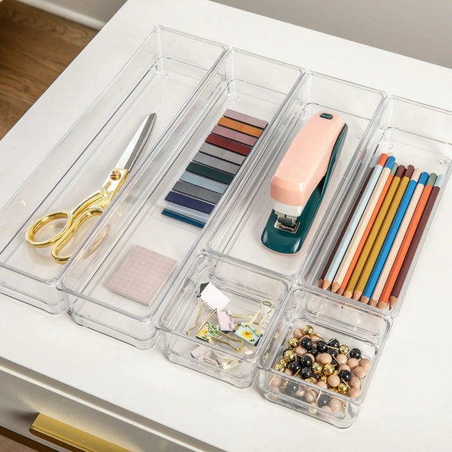 Set of 6 Plastic Stacking Desk Drawer Organizers for Home & Office Storage