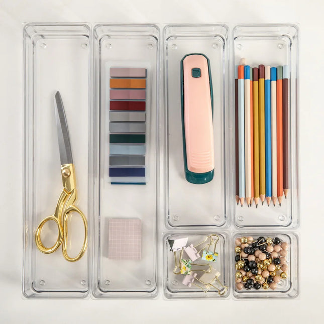 Set of 6 Plastic Stacking Desk Drawer Organizers for Home & Office Storage