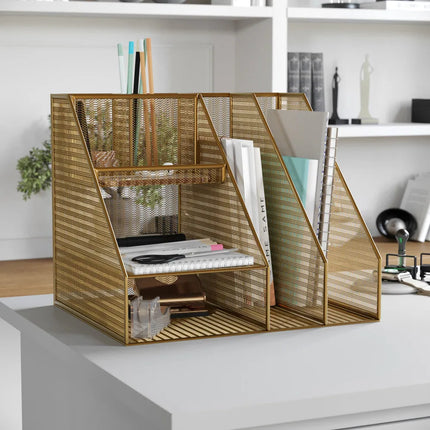Metal Mesh Desk Organizer with File Holder and Pen Storage for Office