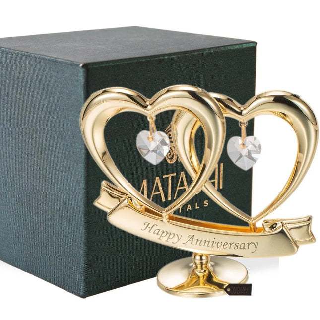 Elegant Happy Anniversary Crystal Studded Heart Ornament Gold Decor Piece